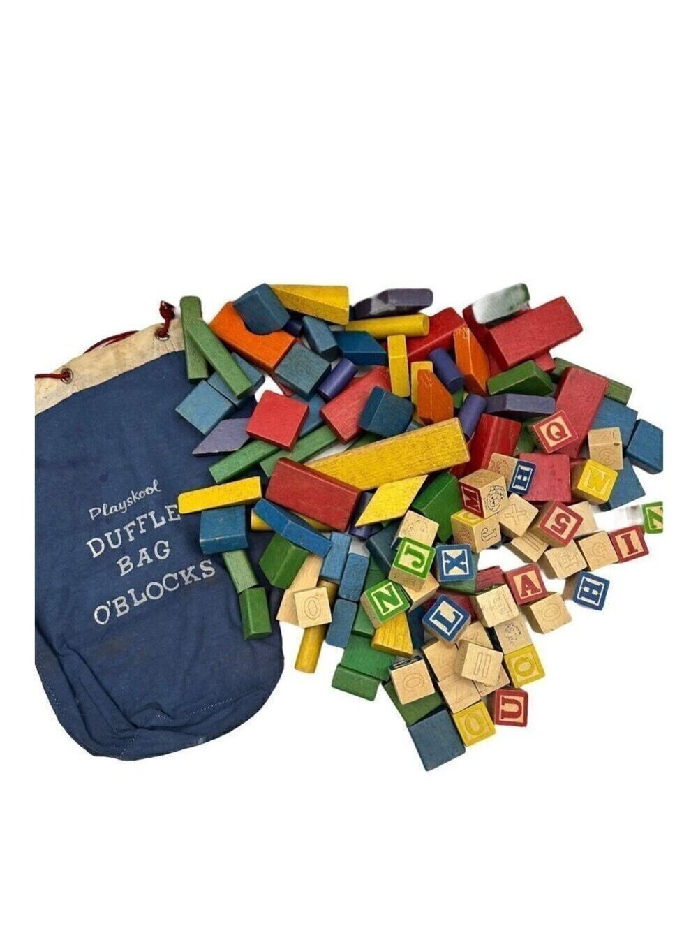 Vintage PLAYSKOOL DUFFLE BAG OF COLORED BLOCKS 1980s Sepp ABC Primary Color READ